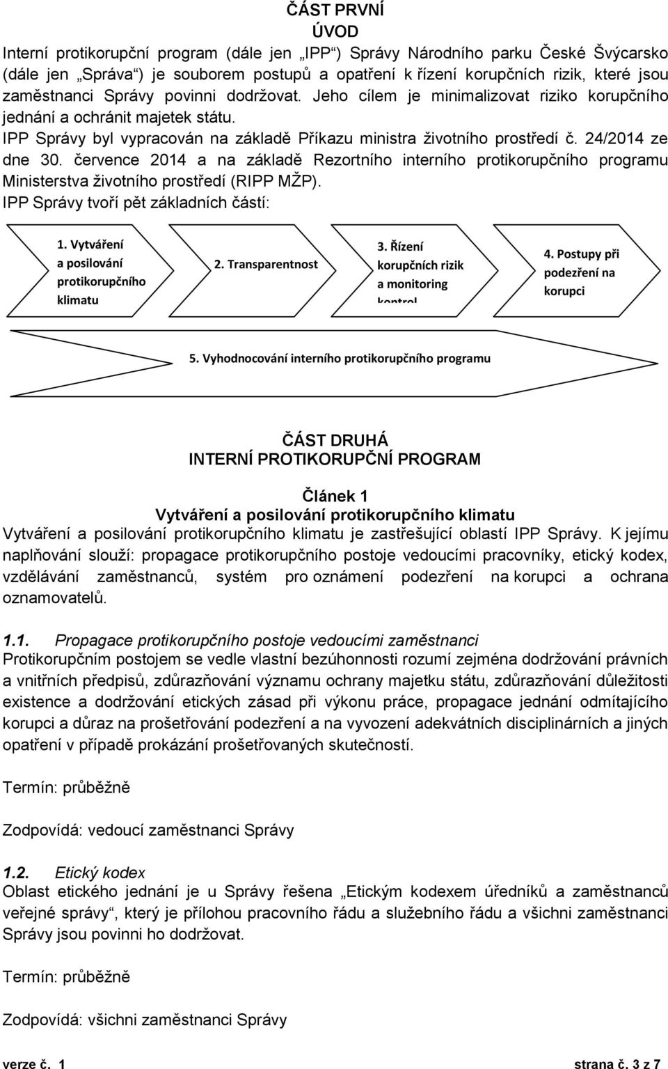 24/2014 ze dne 30. července 2014 a na základě Rezortního interního protikorupčního programu Ministerstva životního prostředí (RIPP MŽP). IPP Správy tvoří pět základních částí: 1.