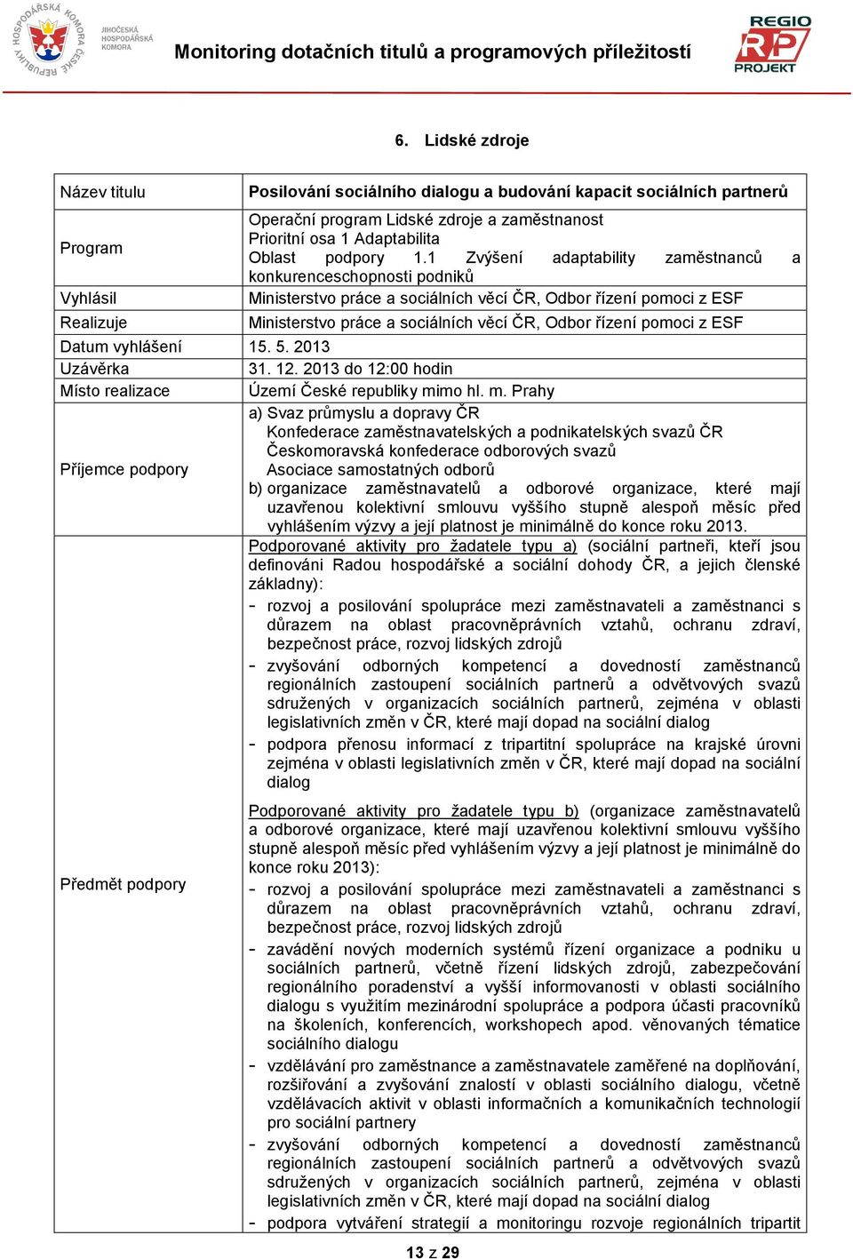 Datum vyhlášení 15. 5. 2013 Uzávěrka 31. 12. 2013 do 12:00 hodin Místo realizace Území České republiky mi