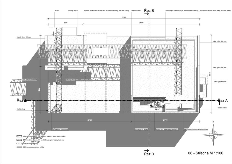 Schodiště 14 m² Řez A falešná stěna 15000 12400 S průmyslová konstrukce horolezecké úchyty prostor bez atiky nad schodištěm rampa do prostoru nad schodištěm 200 mm