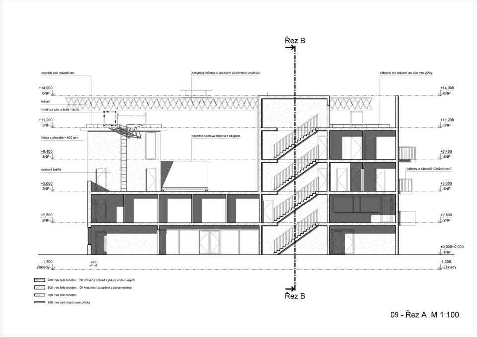 různých tvarů +5,600 3NP +5,600 3NP +2,800 2NP +2,800 2NP -1,300 Základy 450 ±0,000=0,000 1NP -1,300 Základy 200 mm železobeton, 100 dřevěný obklad z