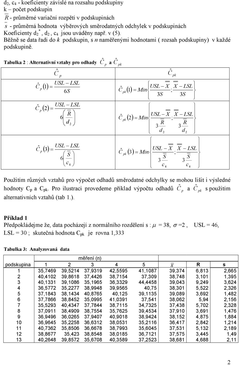 Tabula : Alternativní vztahy ro odhady USL LSL Cˆ ( ) 6S ˆ C ( ) USL LSL R 6 d USL LSL a USL X X LSL Cˆ ( ) Min 3S 3S ˆ C ( ) Cˆ ( 3) ˆ ( 3) S 6 c C USL X X LSL Min R R 3 3 d d USL X X LSL Min S S 3