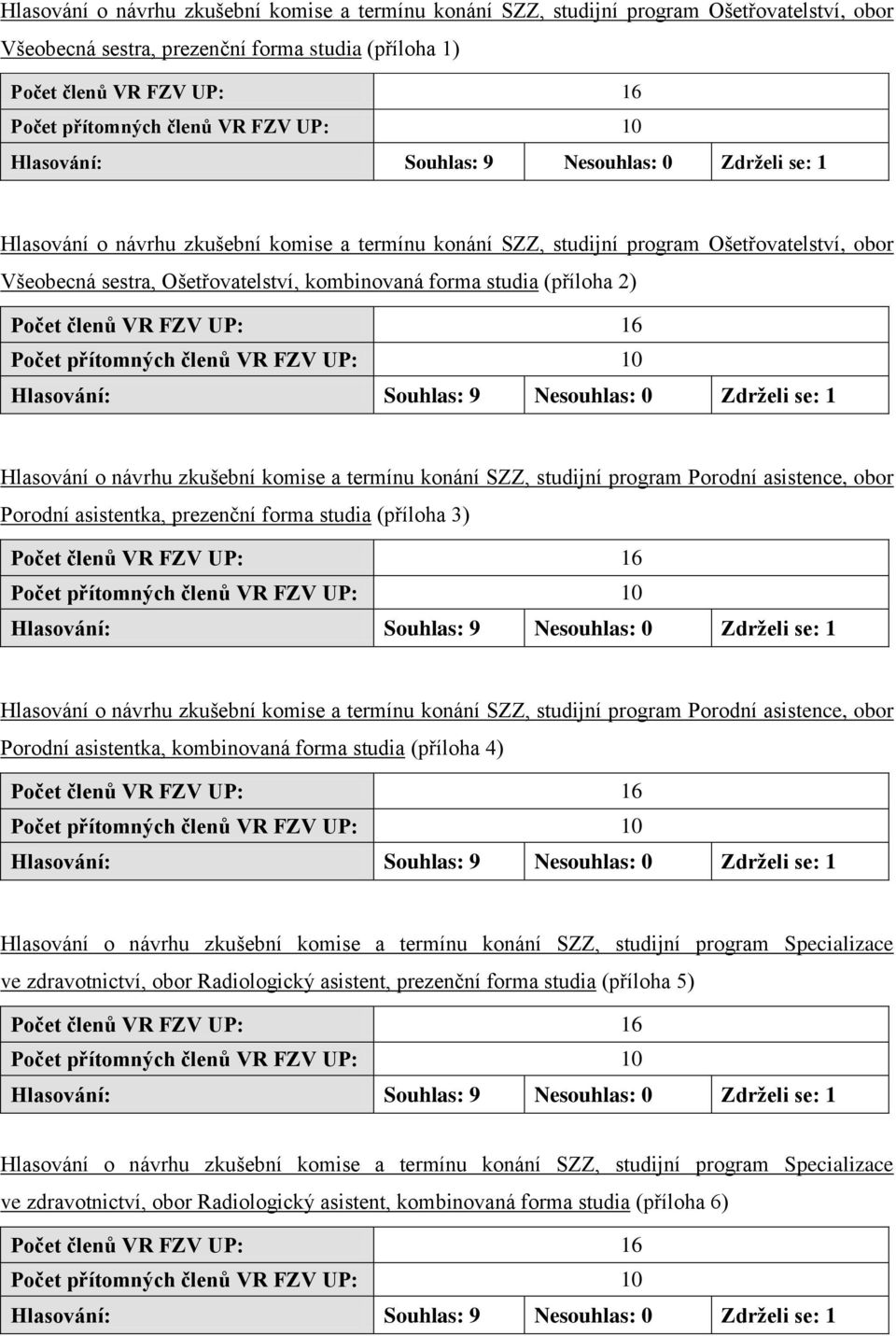 kombinovaná forma studia (příloha 2) Počet členů VR FZV UP: 16 Počet přítomných členů VR FZV UP: 10 Hlasování: Souhlas: 9 Nesouhlas: 0 Zdrželi se: 1 Hlasování o návrhu zkušební komise a termínu