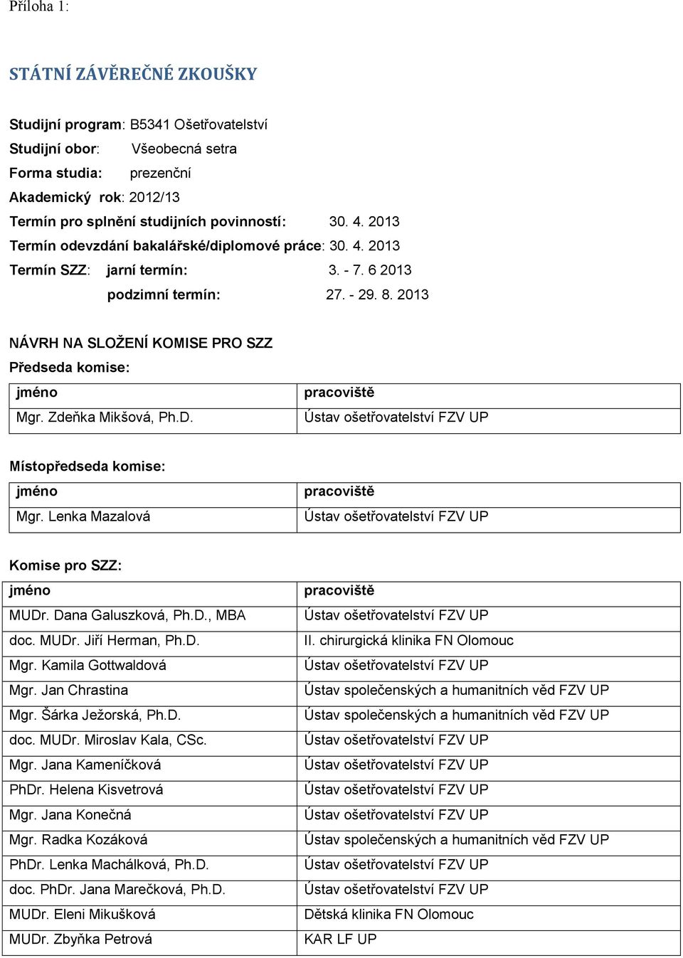 Zdeňka Mikšová, Ph.D. Místopředseda komise: Mgr. Lenka Mazalová Komise pro SZZ: MUDr. Dana Galuszková, Ph.D., MBA doc. MUDr. Jiří Herman, Ph.D. Mgr. Kamila Gottwaldová Mgr. Jan Chrastina Mgr.