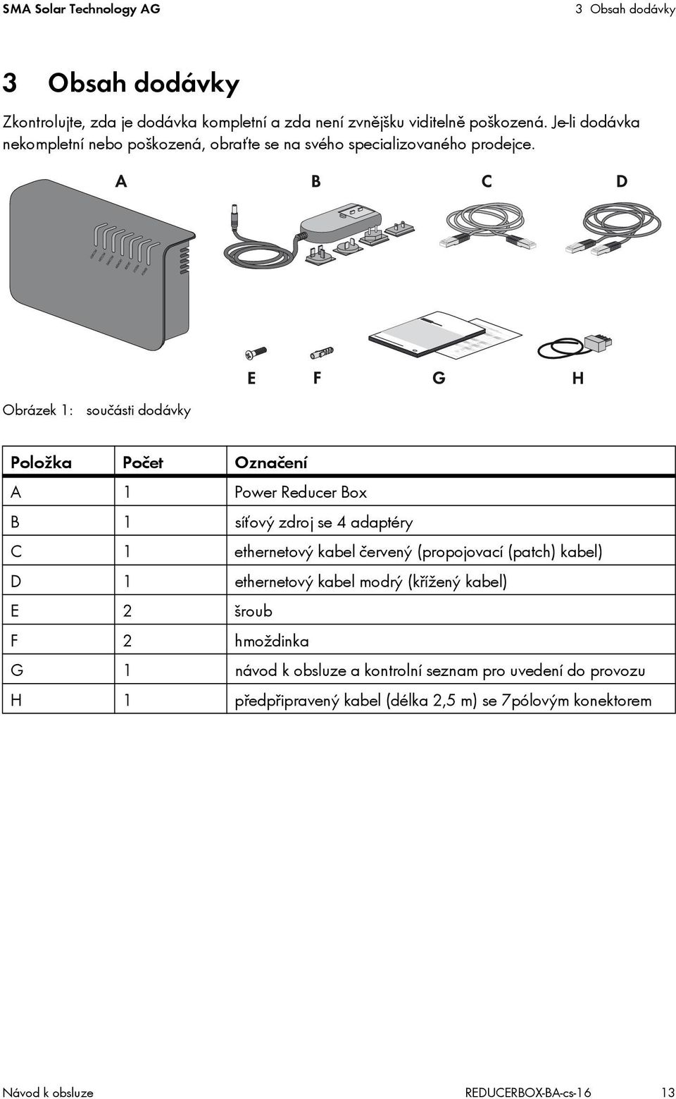 Obrázek 1: součásti dodávky Položka Počet Označení A 1 Power Reducer Box B 1 síťový zdroj se 4 adaptéry C 1 ethernetový kabel červený (propojovací (patch)