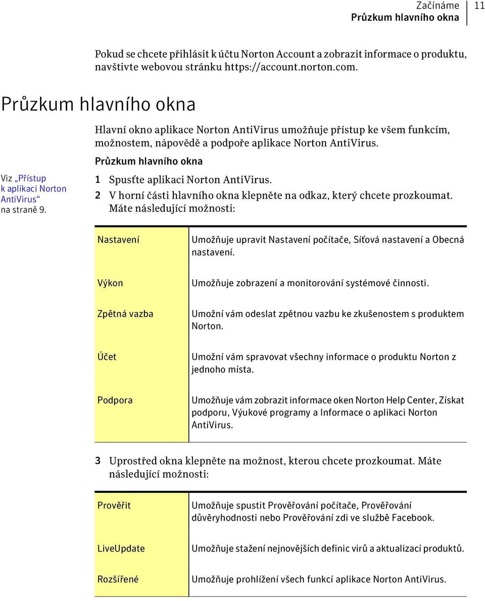 Průzkum hlavního okna Viz Přístup k aplikaci Norton AntiVirus na straně 9. 1 Spusťte aplikaci Norton AntiVirus. 2 V horní části hlavního okna klepněte na odkaz, který chcete prozkoumat.