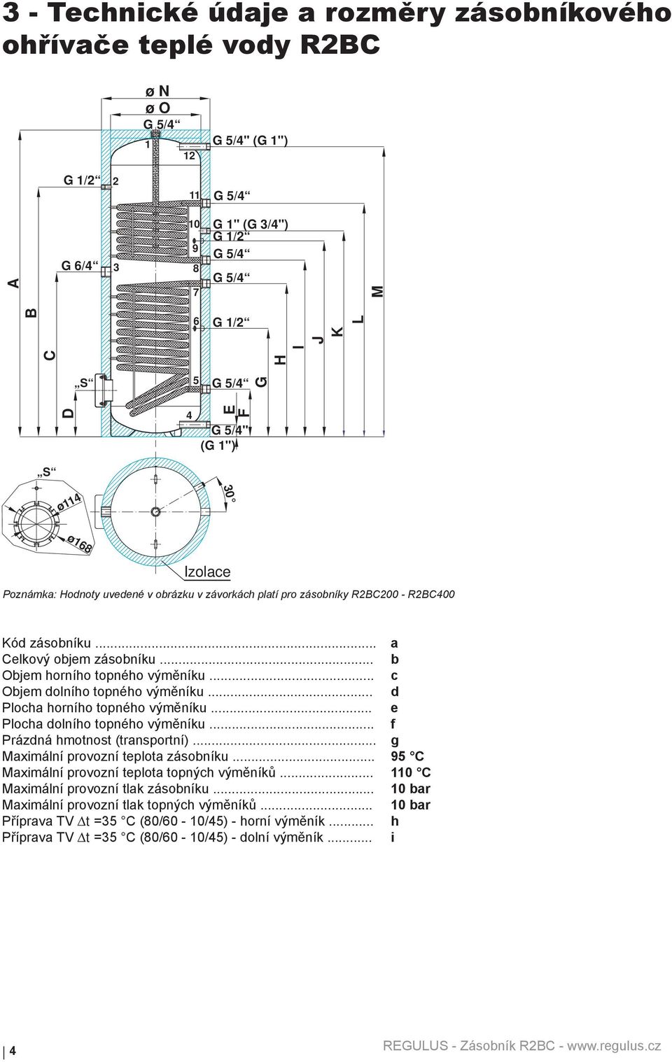 .. c Objem dolního topného výměníku... d Plocha horního topného výměníku... e Plocha dolního topného výměníku... f Prázdná hmotnost (transportní)... g Maximální provozní teplota zásobníku.