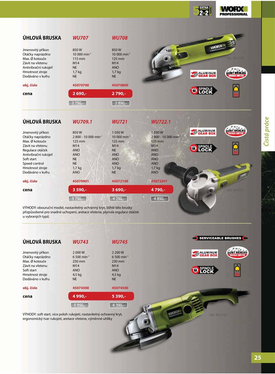 číslo 45070700 45070800 cena 2 690,- 2 790,- 2 790,- 2 890,- ÚHLOVÁ BRUSKA WU709.1 WU721 WU722.1 850 W 1 050 W 1 050 W Otáčky naprázdno 2 800-10 000 min -1 10 000 min -1 2 800-10 000 min -1 Max.