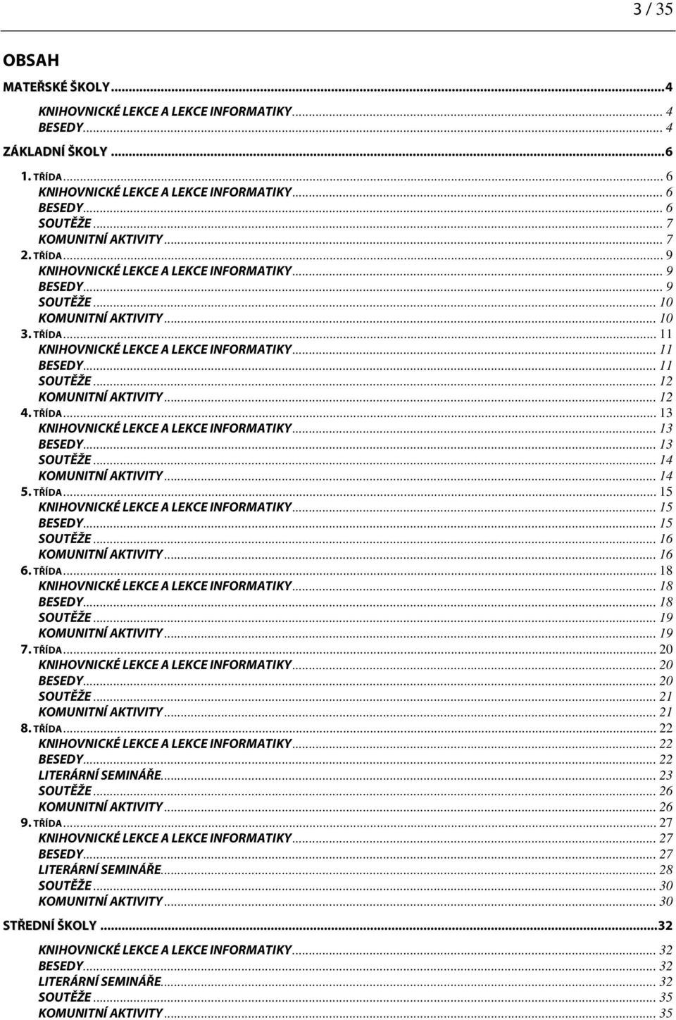 .. 11 BESEDY... 11 SOUTĚŽE... 12 KOMUNITNÍ AKTIVITY... 12 4. TŘÍDA... 13 KNIHOVNICKÉ LEKCE A LEKCE INFORMATIKY... 13 BESEDY... 13 SOUTĚŽE... 14 KOMUNITNÍ AKTIVITY... 14 5. TŘÍDA... 15 KNIHOVNICKÉ LEKCE A LEKCE INFORMATIKY.