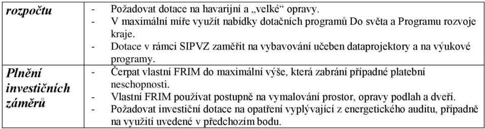 - Dotace v rámci SIPVZ zaměřit na vybavování učeben dataprojektory a na výukové programy.