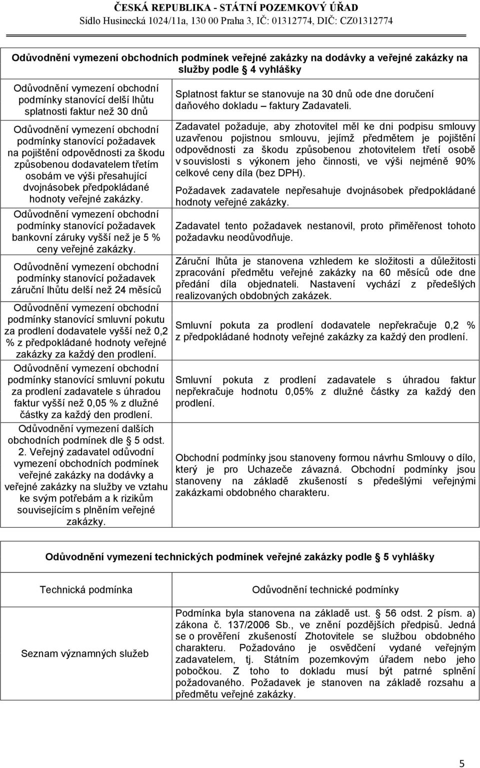 podmínky stanovící požadavek záruční lhůtu delší než 24 měsíců podmínky stanovící smluvní pokutu za prodlení dodavatele vyšší než 0,2 % z předpokládané hodnoty veřejné zakázky za každý den prodlení.