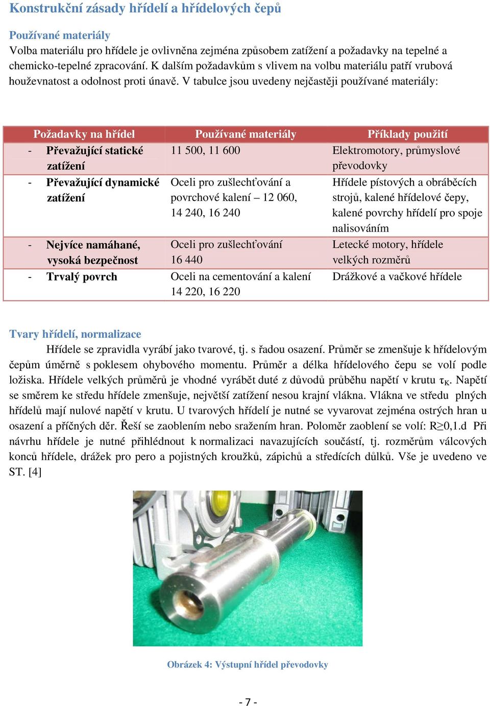 V tabulce jsou uvedeny nejčastěji používané materiály: Požadavky na hřídel Používané materiály Příklady použití 11 500, 11 600 Elektromotory, průmyslové převodovky - Převažující statické zatížení -