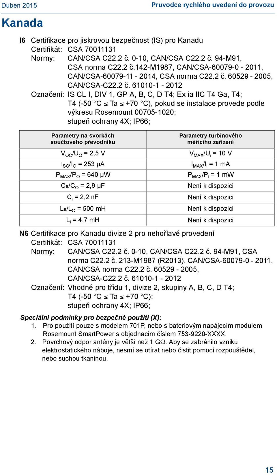 stupeň ochrany 4X; IP66; Parametry na svorkách součtového převodníku V OC /U O = 2,5 V I SC /I O = 253 µa P MAX /P O = 640 µw Ca/C O = 2,9 µf C i = 2,2 nf La/L O = 500 mh L i = 4,7 mh Parametry