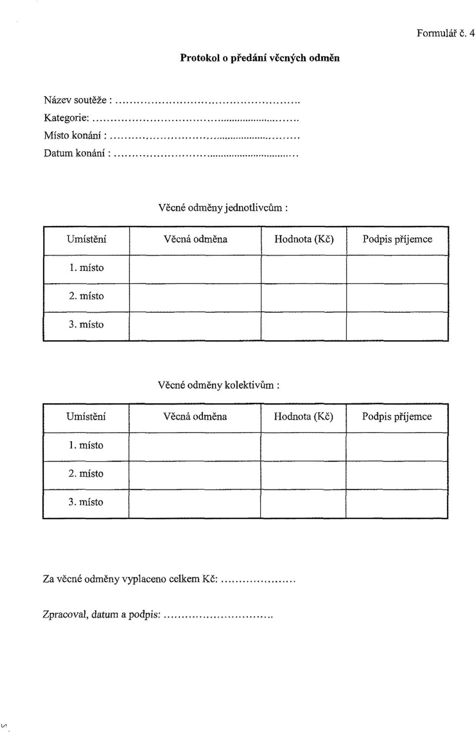 dměny jedntlivcům: Umístění Věcná dměna Hdnta (Kč) Pdpis pnjemce 1. míst 2. míst 3.