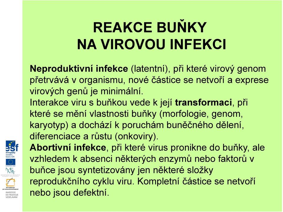 Interakce viru s buňkou vede k její transformaci, při které se mění vlastnosti buňky (morfologie, genom, karyotyp) a dochází k poruchám buněčného