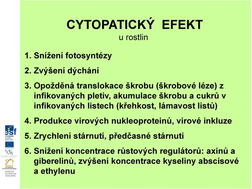 infikovaných listech (křehkost, lámavost listů) 4. Produkce virových nukleoproteinů, virové inkluze 5.