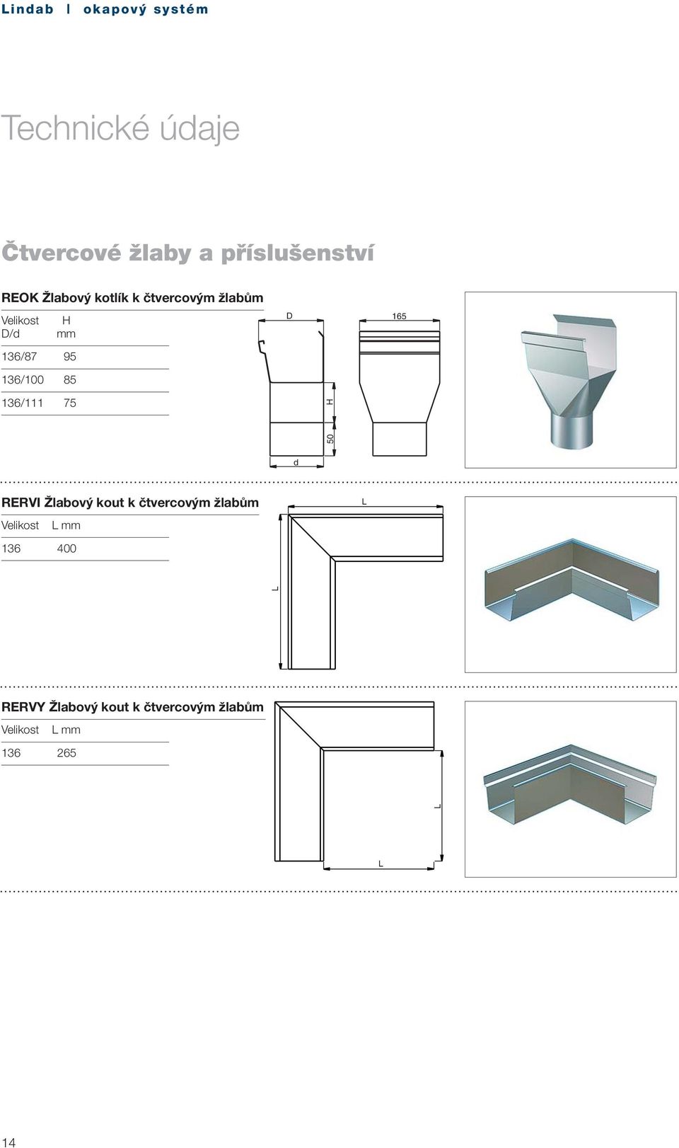 136/100 85 136/111 75 H RERVI Žlabový kout k čtvercovým