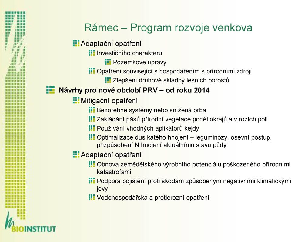 Používání vhodných aplikátorů kejdy Optimalizace dusíkatého hnojení leguminózy, osevní postup, přizpůsobení N hnojení aktuálnímu stavu půdy Adaptační opatření Obnova