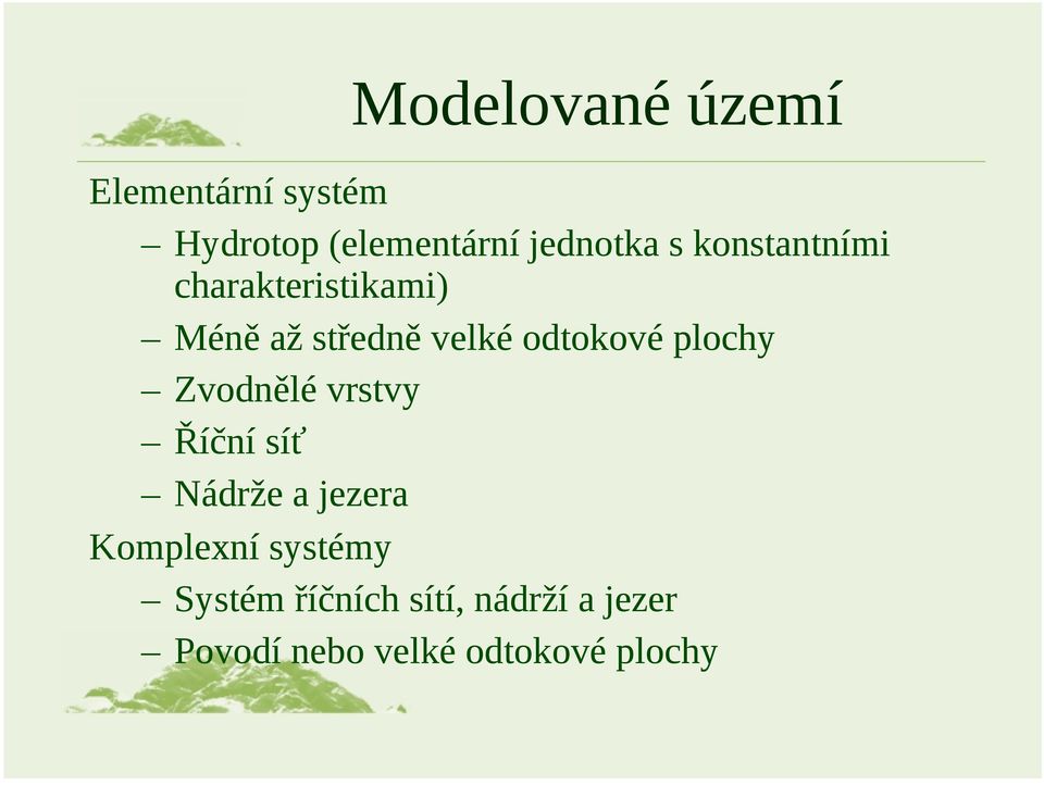 plochy Zvodnělé vrstvy Říční síť Nádrže a jezera Komplexní systémy