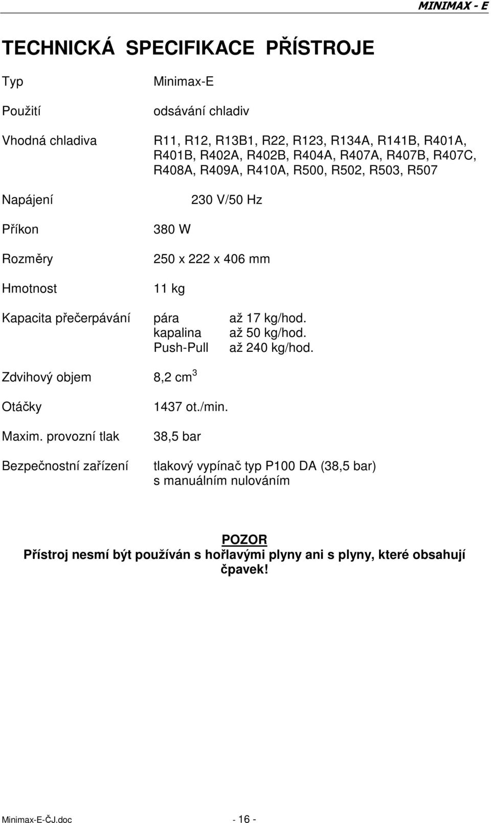 pára až 17 kg/hod. kapalina až 50 kg/hod. Push-Pull až 240 kg/hod. Zdvihový objem 8,2 cm 3 Otáčky Maxim. provozní tlak Bezpečnostní zařízení 1437 ot./min.