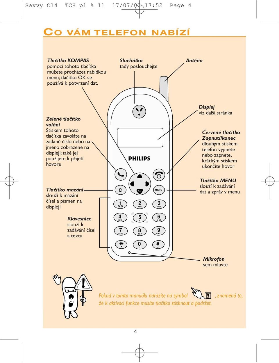 stránka âervené tlaãítko Zapnutí/konec dlouh m stiskem telefon vypnete nebo zapnete, krátk m stiskem ukonãíte hovor Tlaãítko mazání slouïí k mazání ãísel a písmen na displeji Klávesnice slouïí k