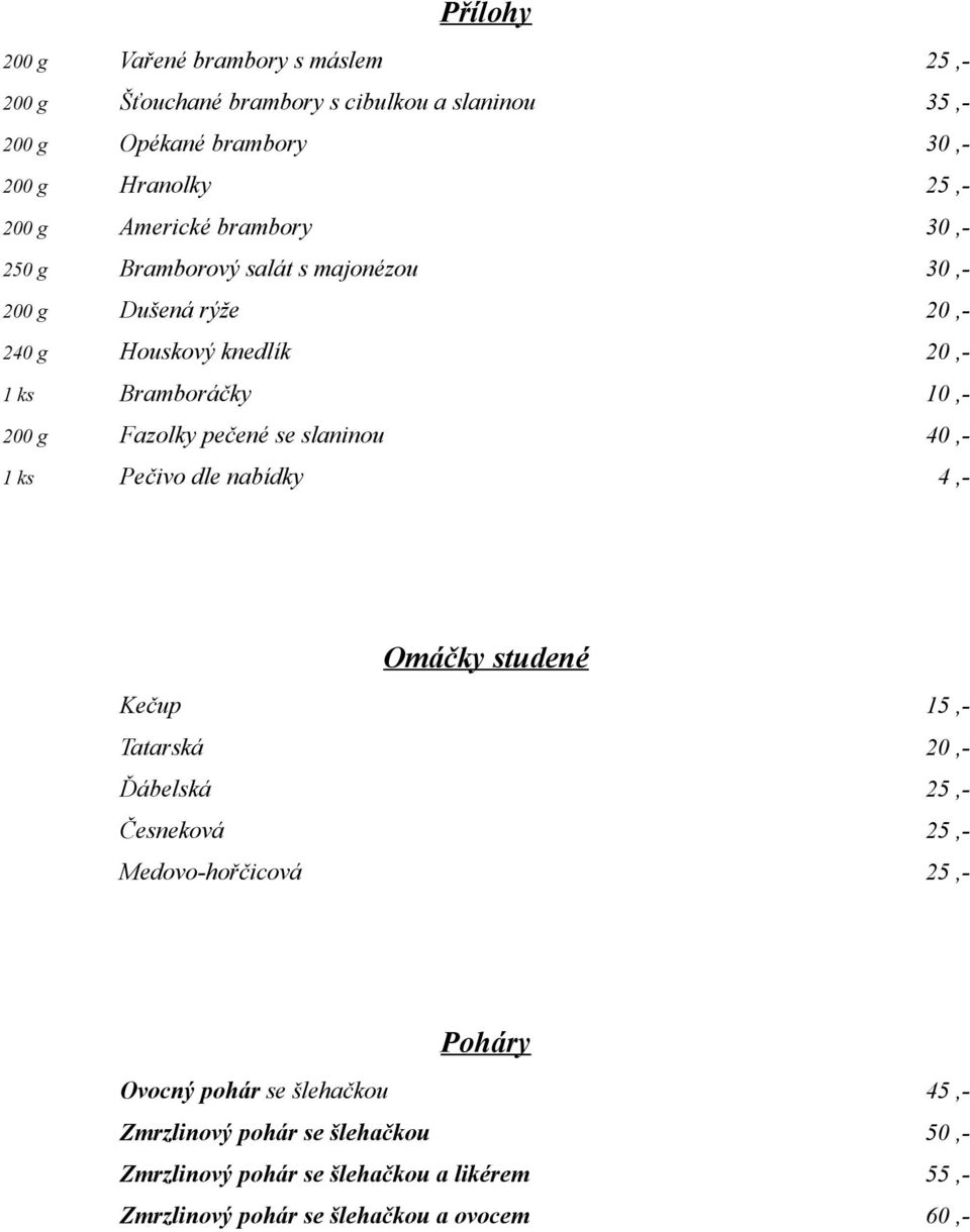 pečené se slaninou 40,- 1 ks Pečivo dle nabídky 4,- Omáčky studené Kečup 15,- Tatarská 20,- Ďábelská 25,- Česneková 25,- Medovo-hořčicová 25,- Poháry