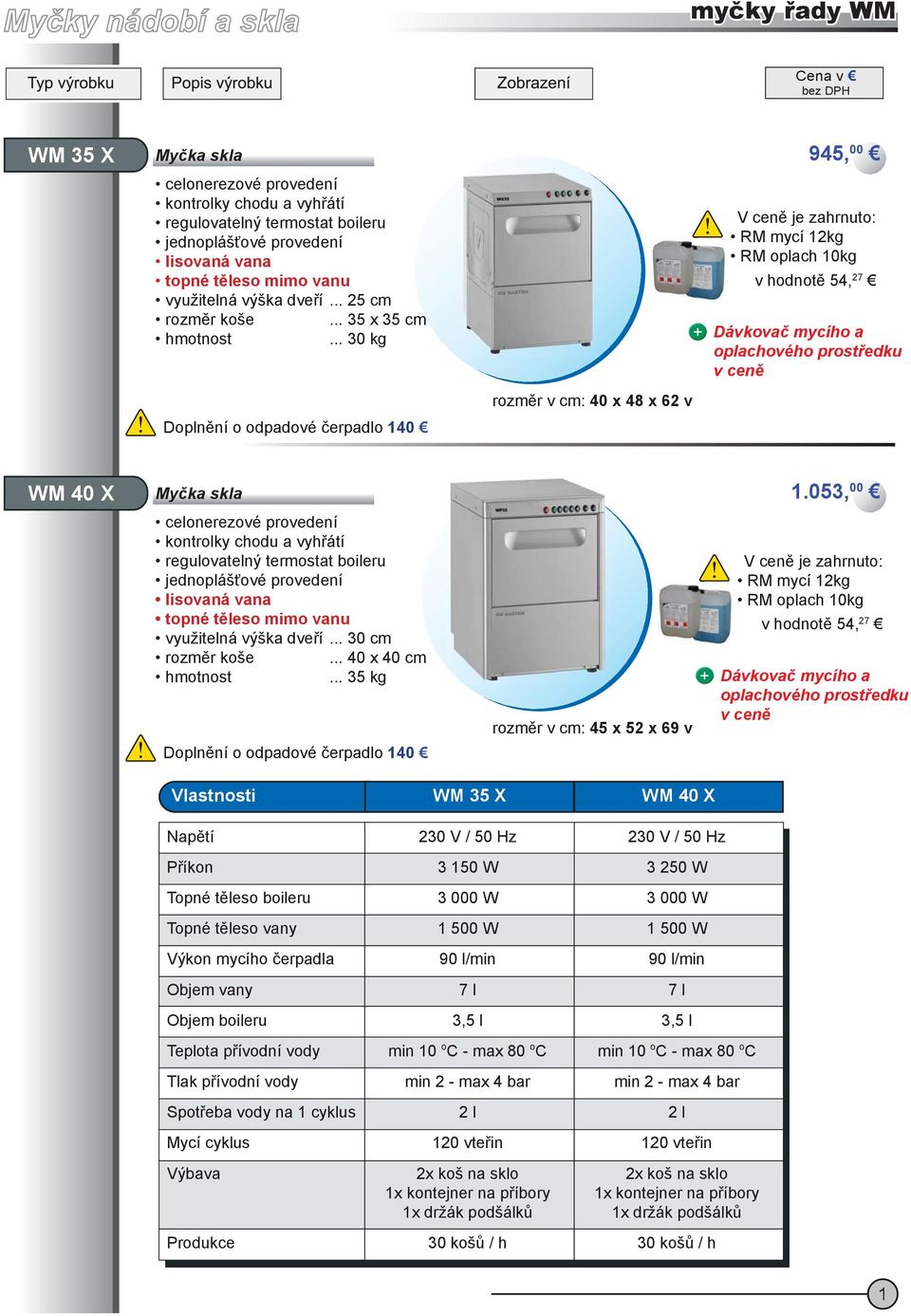 .. 30 kg Doplnění o odpadové čerpadlo 140 rozměr v cm: 40 x 48 x 62 v V ceně je zahrnuto: RM mycí 12kg RM oplach 10kg v hodnotě 54, 27 Dávkovač mycího a oplachového prostředku v ceně WM 40 X 1.