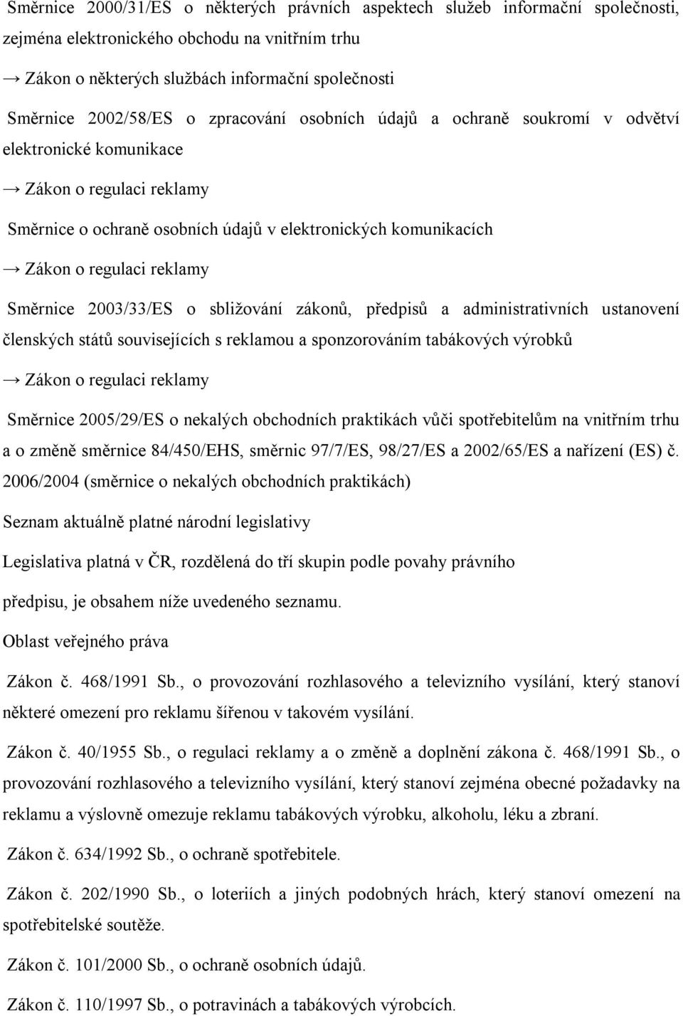 Směrnice 2003/33/ES o sbližování zákonů, předpisů a administrativních ustanovení členských států souvisejících s reklamou a sponzorováním tabákových výrobků Zákon o regulaci reklamy Směrnice