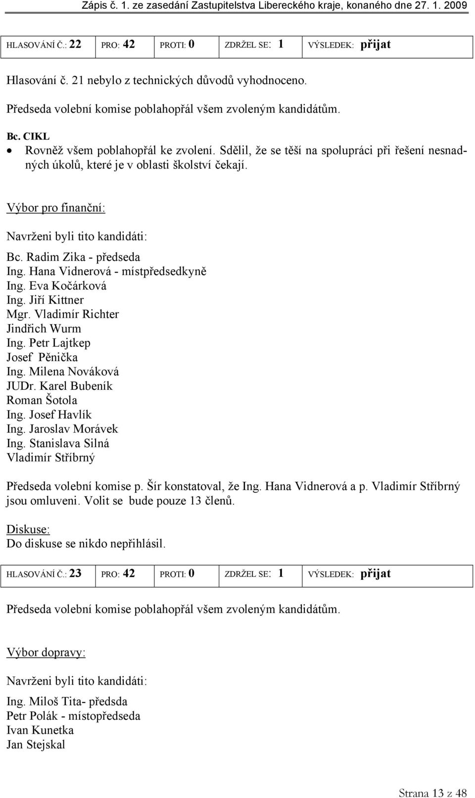 Radim Zika - předseda Ing. Hana Vidnerová - místpředsedkyně Ing. Eva Kočárková Ing. Jiří Kittner Mgr. Vladimír Richter Jindřich Wurm Ing. Petr Lajtkep Josef Pěnička Ing. Milena Nováková JUDr.