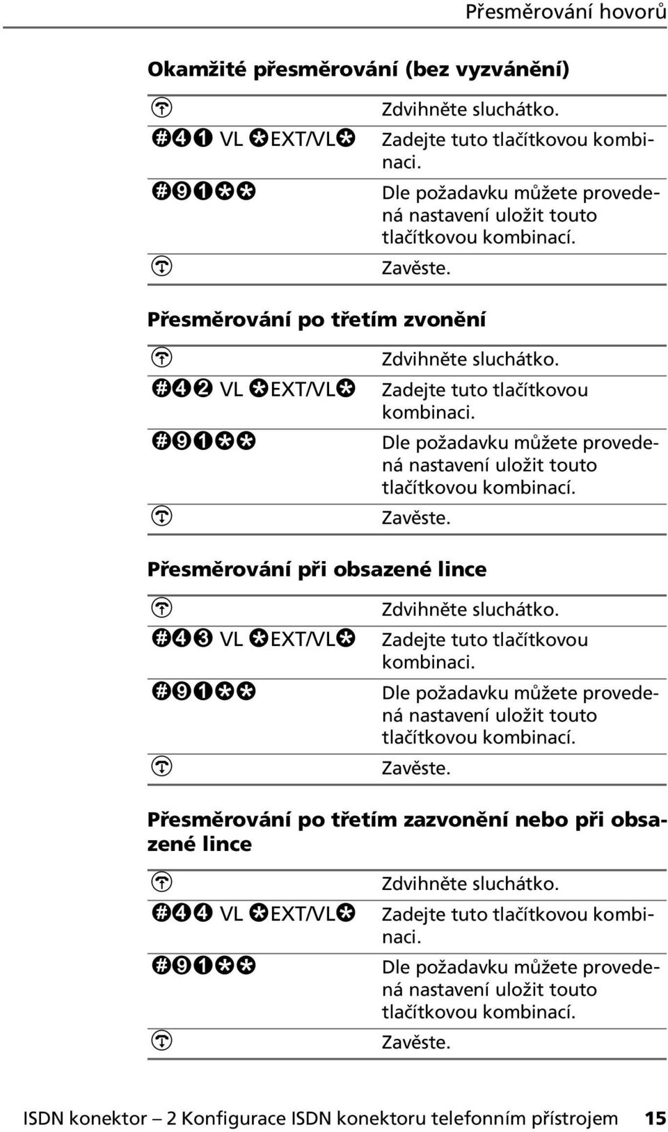 Přesměrování při obsazené lince r43 VL sext/vls Zadejte tuto tlačítkovou kombinaci. Dle požadavku můžete provedená nastavení uložit touto tlačítkovou kombinací.