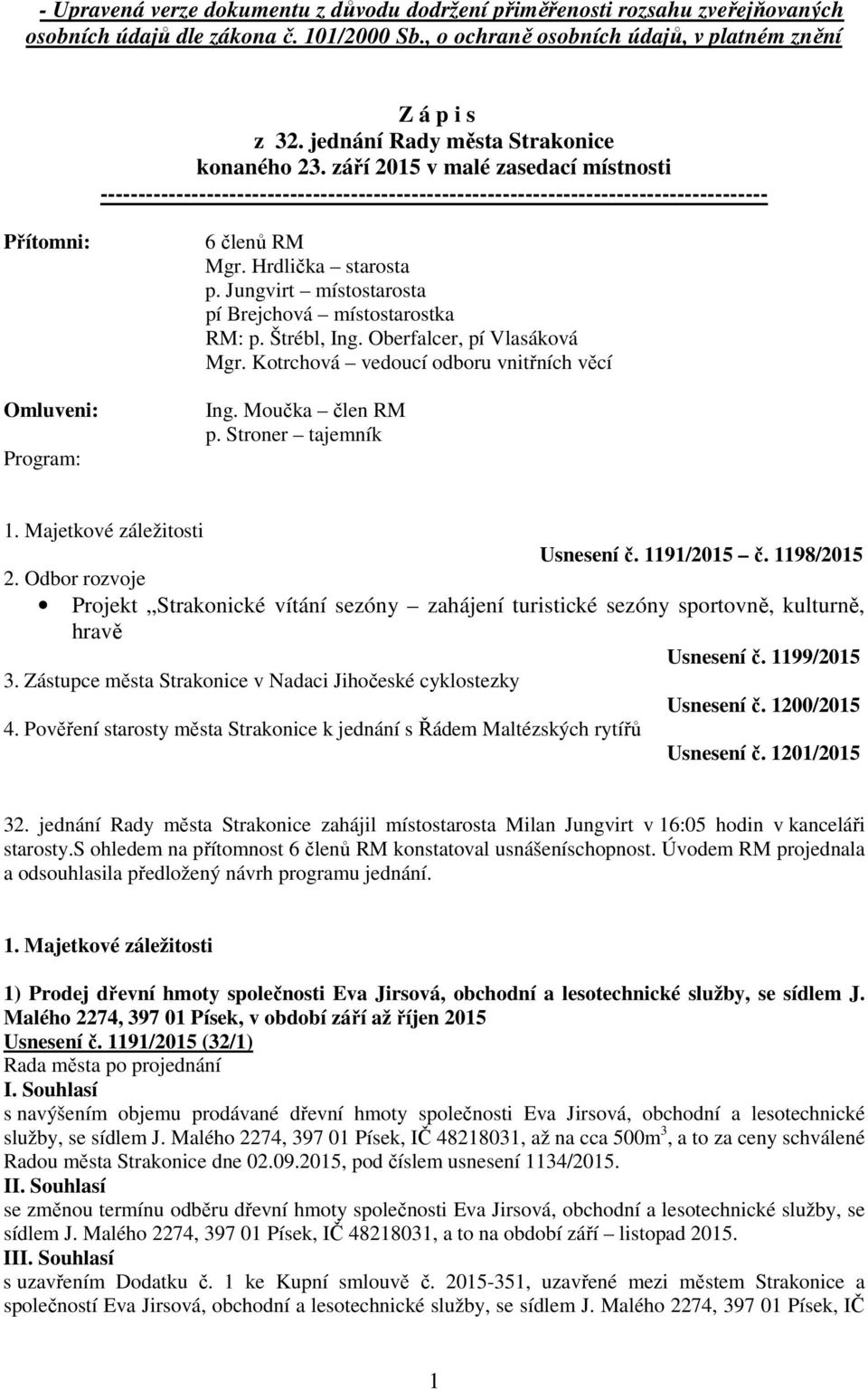 září 2015 v malé zasedací místnosti ---------------------------------------------------------------------------------------- Přítomni: Omluveni: Program: 6 členů RM Mgr. Hrdlička starosta p.