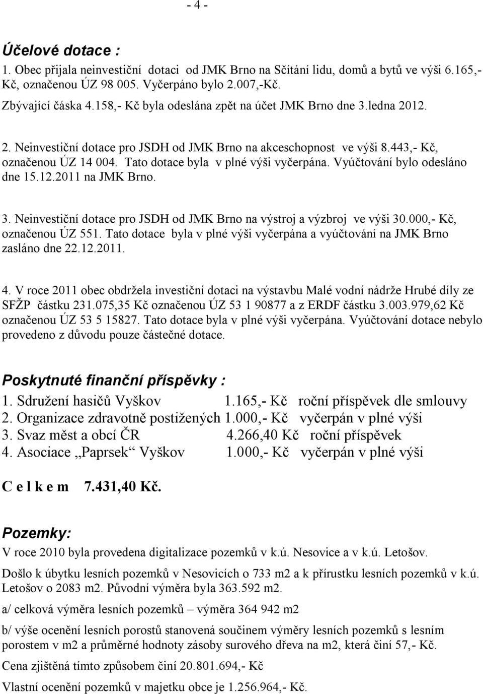 Tato dotace byla v plné výši vyčerpána. Vyúčtování bylo odesláno dne 15.12.2011 na JMK Brno. 3. Neinvestiční dotace pro JSDH od JMK Brno na výstroj a výzbroj ve výši 30.000,- Kč, označenou ÚZ 551.