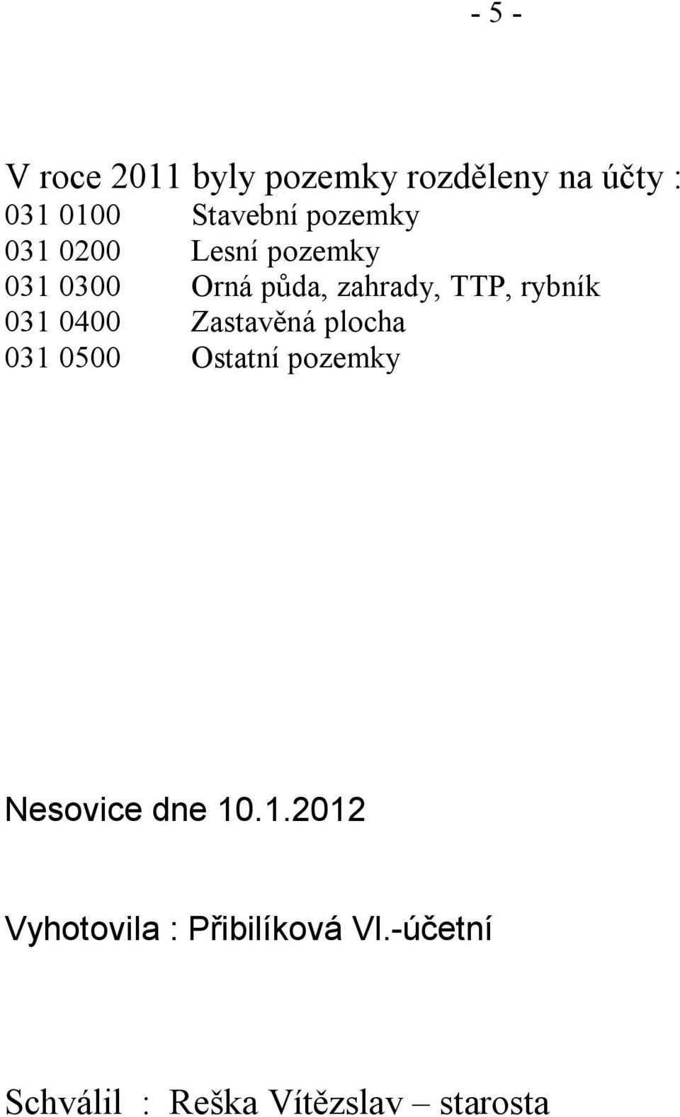 031 0400 Zastavěná plocha 031 0500 Ostatní pozemky Nesovice dne 10.1.2012 Vyhotovila : Přibilíková Vl.