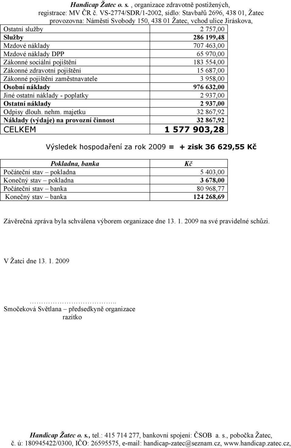 majetku 32 867,92 Náklady (výdaje) na provozní činnost 32 867,92 CELKEM 1 577 903,28 Výsledek hospodaření za rok 2009 = + zisk 36 629,55 Kč Pokladna, banka Kč Počáteční stav pokladna 5 403,00