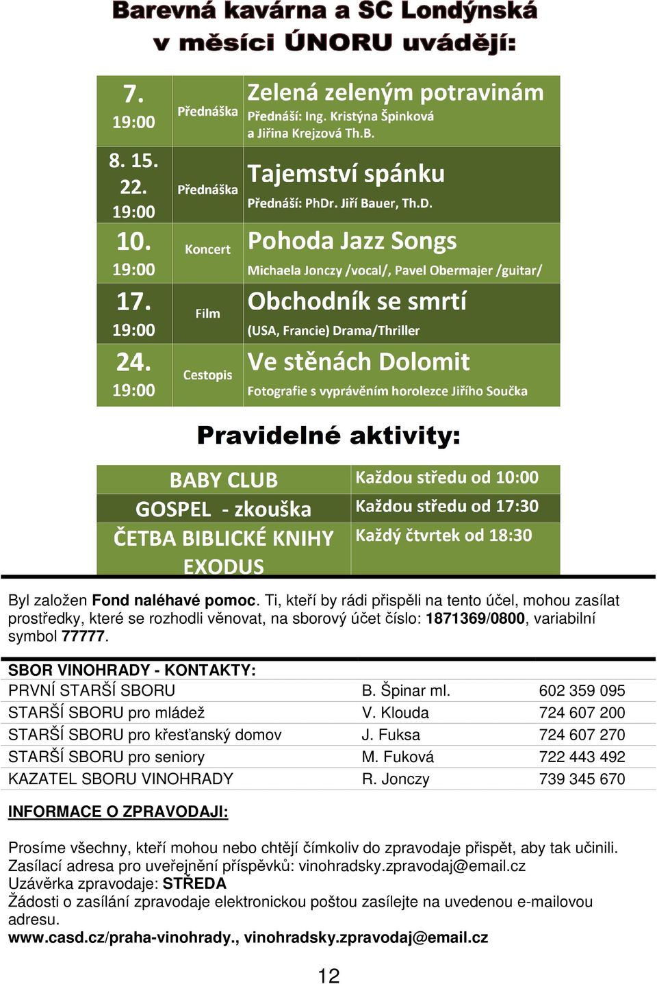 Fuková 722 443 492 KAZATEL SBORU VINOHRADY R. Jonczy 739 345 670 INFORMACE O ZPRAVODAJI: Prosíme všechny, kteří mohou nebo chtějí čímkoliv do zpravodaje přispět, aby tak učinili.