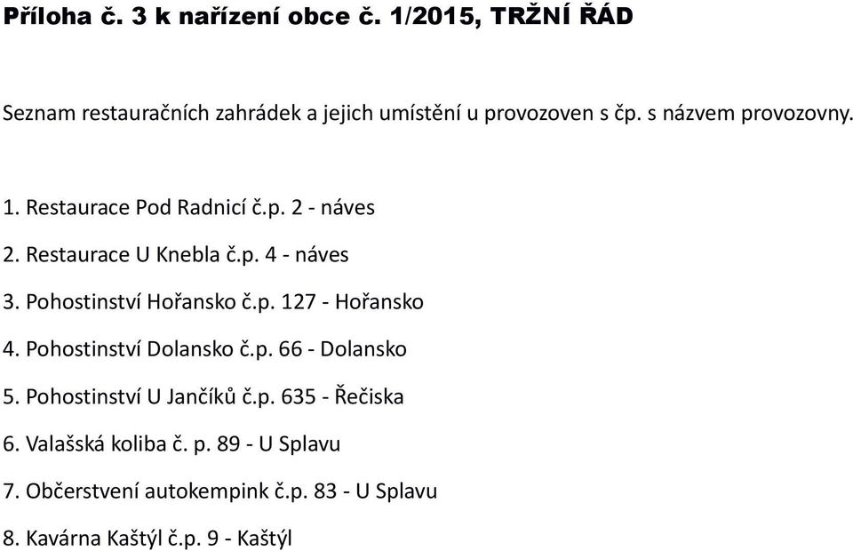 Pohostinství Hořansko č.p. 127 - Hořansko 4. Pohostinství Dolansko č.p. 66 - Dolansko 5. Pohostinství U Jančíků č.p. 635 - Řečiska 6.