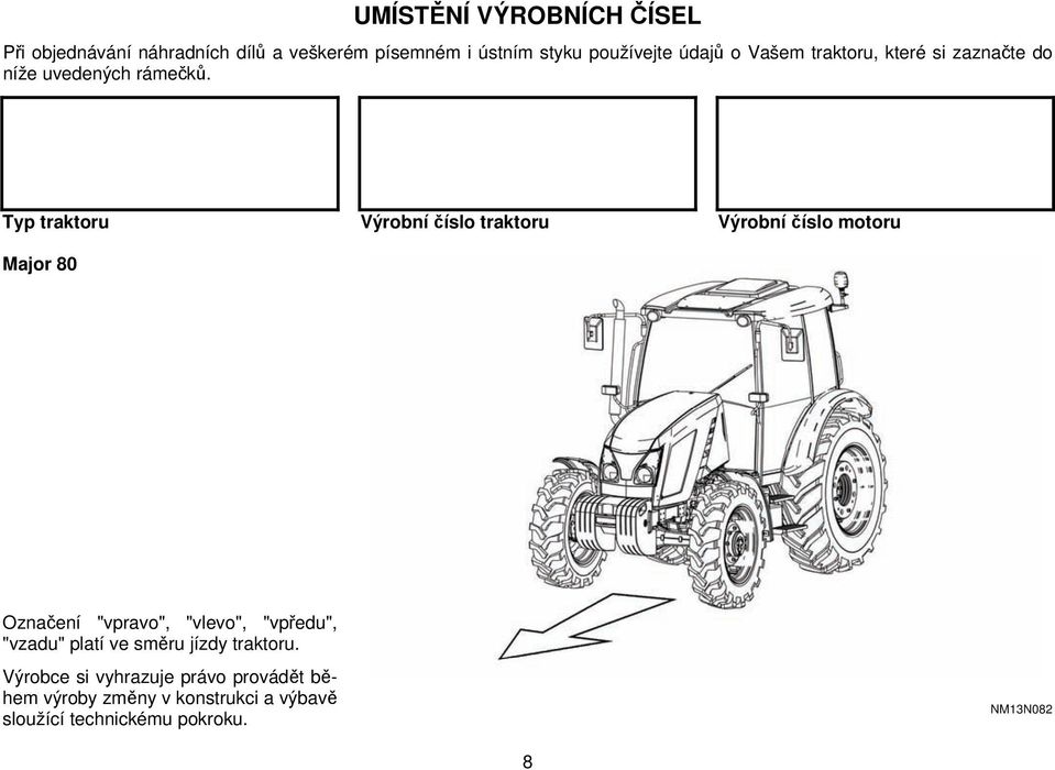 Typ traktoru Major 80 Výrobní číslo traktoru Výrobní číslo motoru Označení "vpravo", "vlevo", "vpředu",