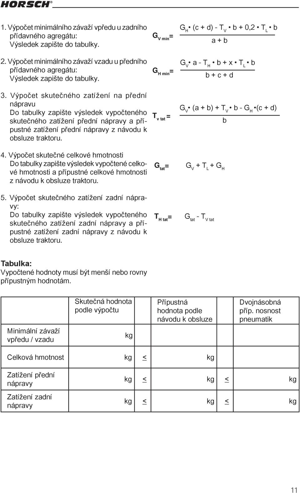 Výpočet skutečné celkové hmotnosti Do tabulky zapište výsledek vypočtené celkové hmotnosti a přípustné celkové hmotnosti z návodu k obsluze traktoru. 5.