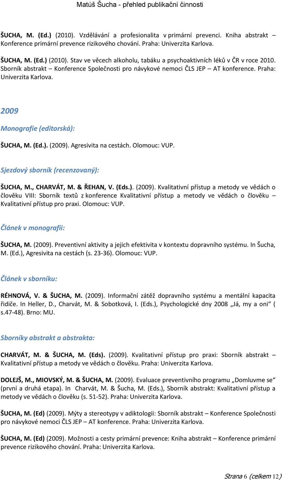 Sjezdový sborník (recenzovaný): ŠUCHA, M., CHARVÁT, M. & ŘEHAN, V. (Eds.). (2009).