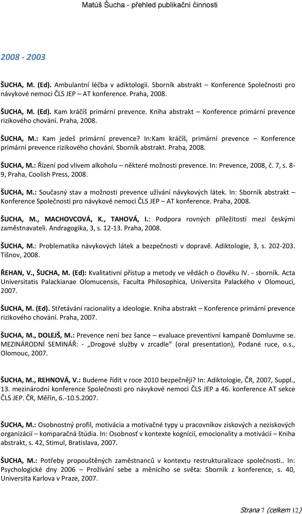Sborník abstrakt. Praha, 2008. ŠUCHA, M.: Řízení pod vlivem alkoholu některé možnosti prevence. In: Prevence, 2008, č. 7, s. 8-9, Praha, Coolish Press, 2008. ŠUCHA, M.: Současný stav a možnosti prevence užívání návykových látek.