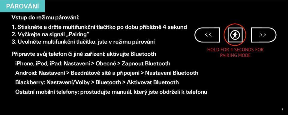 PAIRING MODE iphone, ipod, ipad: Nastavení > Obecné > Zapnout Bluetooth Android: Nastavení > Bezdrátové sítě a připojení > Nastavení