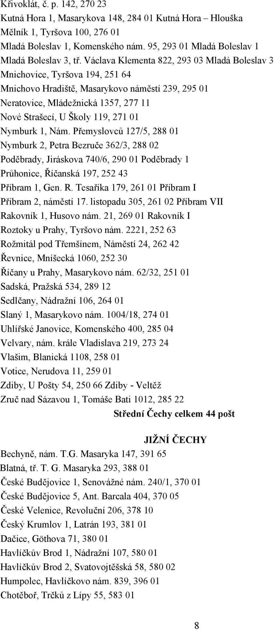 Nymburk 1, Nám. Přemyslovců 127/5, 288 01 Nymburk 2, Petra Bezruče 362/3, 288 02 Poděbrady, Jiráskova 740/6, 290 01 Poděbrady 1 Průhonice, Říčanská 197, 252 43 Příbram 1, Gen. R.
