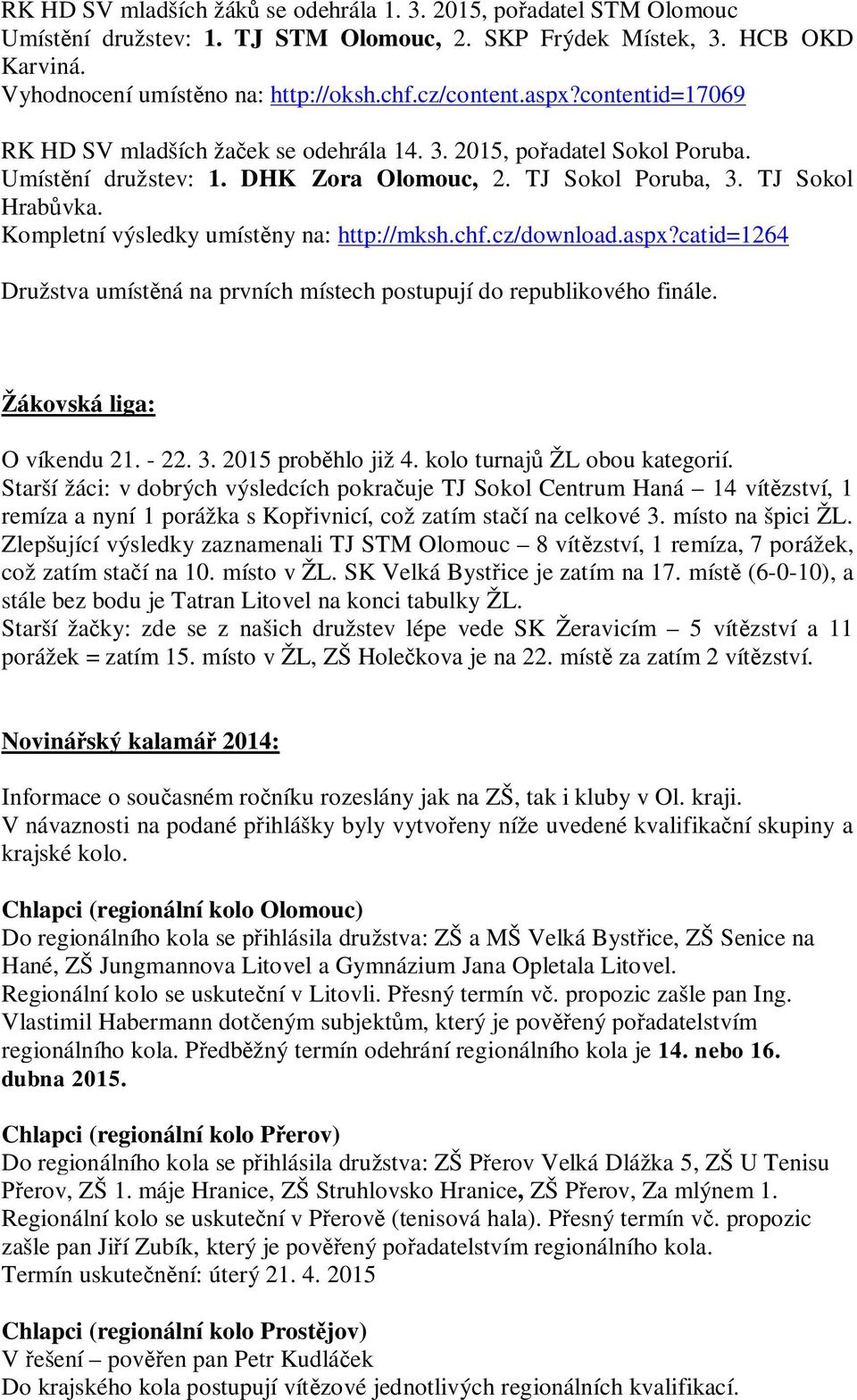 Kompletní výsledky umíst ny na: http://mksh.chf.cz/download.aspx?catid=1264 Družstva umíst ná na prvních místech postupují do republikového finále. Žákovská liga: O víkendu 21. - 22. 3.