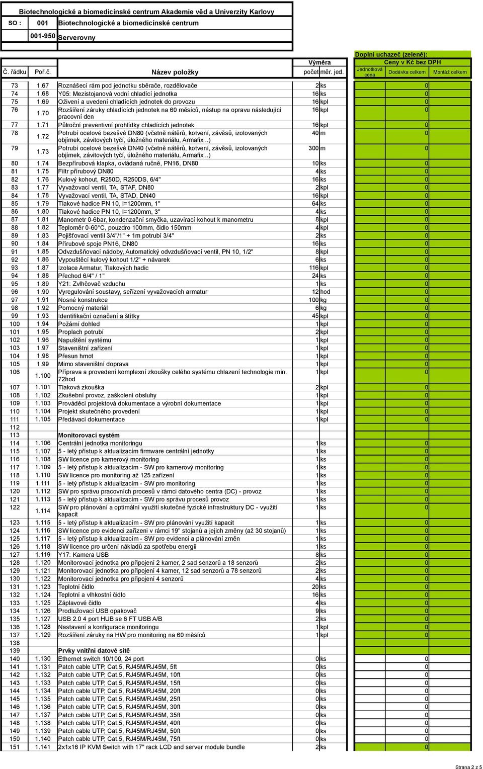 71 Půlroční preventivní prohlídky chladících jednotek 78 Potrubí ocelové bezešvé DN8 (včetně nátěrů, kotvení, závěsů, izolovaných 4 m 1.