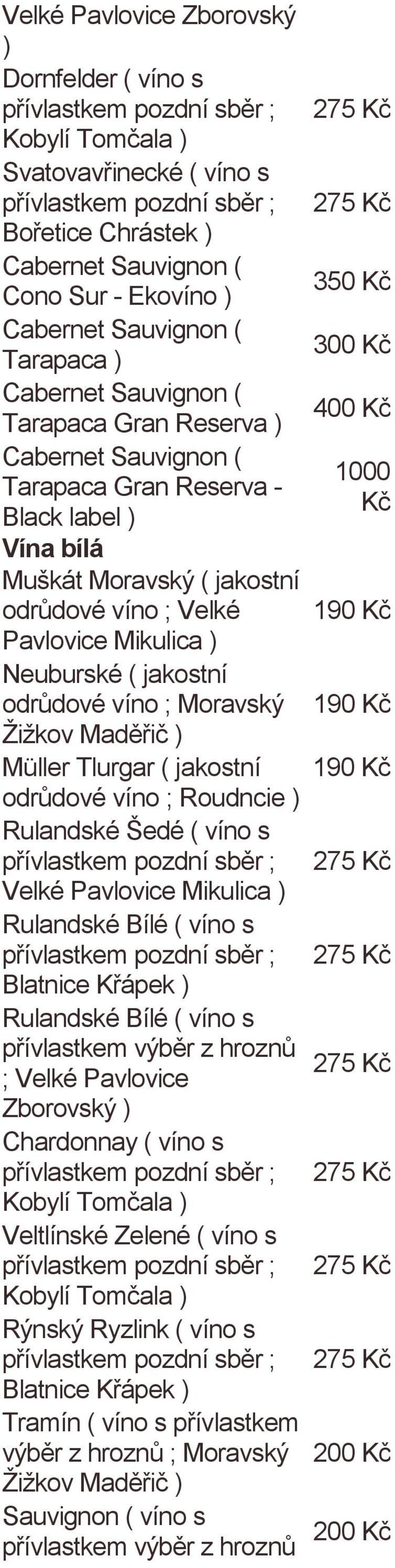 Roudncie Rulandské Šedé ( víno s Velké Pavlovice Mikulica Rulandské Bílé ( víno s Blatnice Křápek Rulandské Bílé ( víno s ; Velké Pavlovice Zborovský Chardonnay ( víno s Kobylí Tomčala