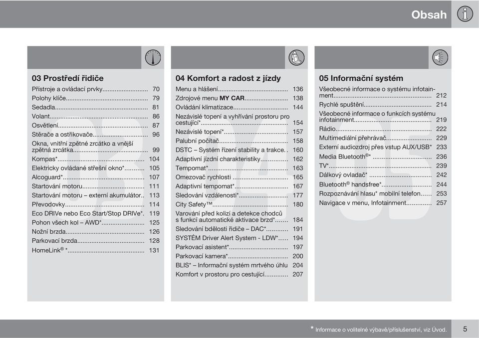 .. 157 Okna, vnitřní zpětné zrcátko a vnější Palubní počítač... 158 zpětná zrcátka... 99 DSTC Systém řízení stability a trakce.. 160 Kompas*... 104 Adaptivní jízdní charakteristiky.