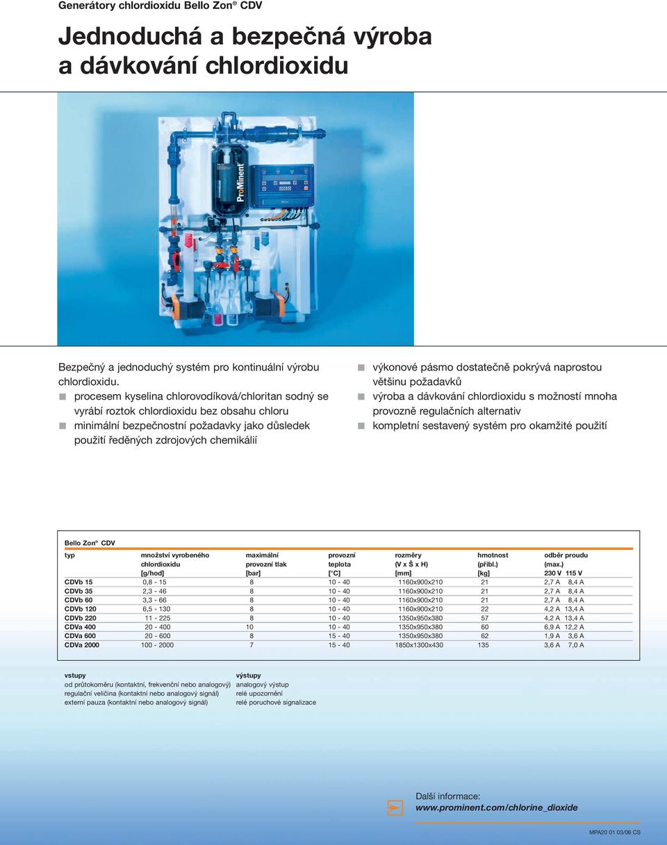 dostatečně pokrývá naprostou většinu požadavků výroba a dávkování chlordioxidu s možností mnoha provozně regulačních alternativ kompletní sestavený systém pro okamžité použití Bello Zon CDV typ