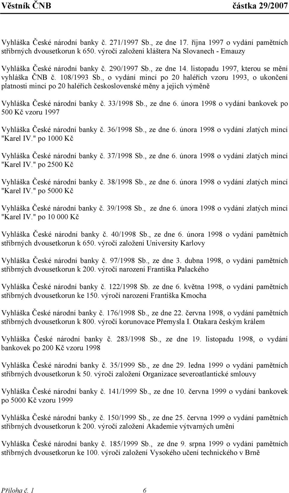 , o vydání mincí po 20 haléřích vzoru 1993, o ukončení platnosti mincí po 20 haléřích československé měny a jejich výměně Vyhláška České národní banky č. 33/1998 Sb., ze dne 6.