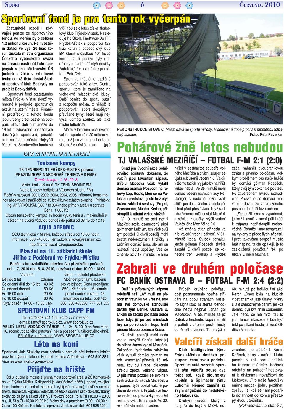 dostal Školní sportovní klub Beskydy na projekt Beskyďáček. Sportovní fond statutárního města Frýdku-Místku slouží výhradně k podpoře sportovních aktivit na území města.
