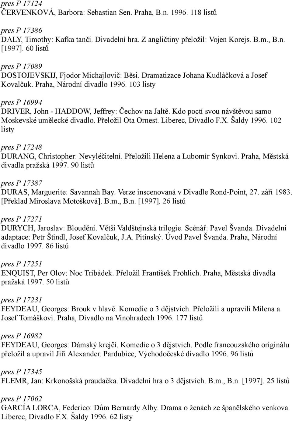 103 listy pres P 16994 DRIVER, John - HADDOW, Jeffrey: Čechov na Jaltě. Kdo poctí svou návštěvou samo Moskevské umělecké divadlo. Přeložil Ota Ornest. Liberec, Divadlo F.X. Šaldy 1996.