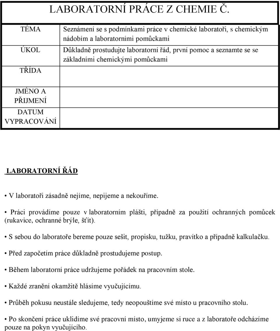 chemickými pomůckami JMÉNO A PŘIJMENÍ DATUM VYPRACOVÁNÍ LABORATORNÍ ŘÁD V laboratoři zásadně nejíme, nepijeme a nekouříme.